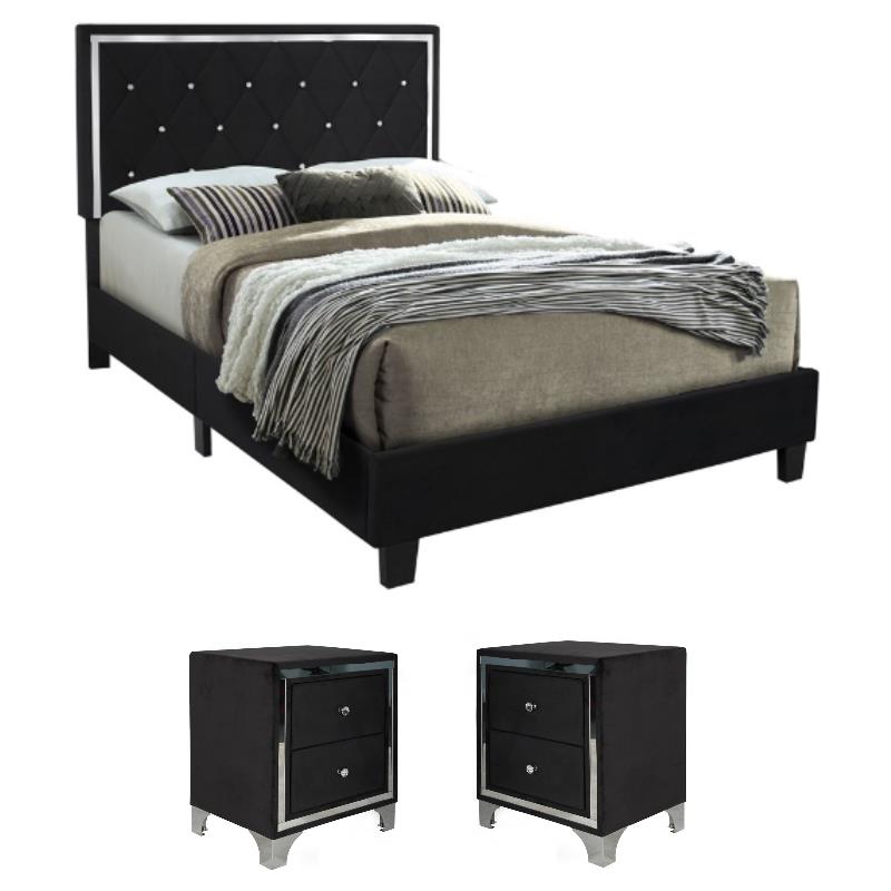 Home Square 3-Piece Set with Queen Platform Bed & 2 Nightstands in Black