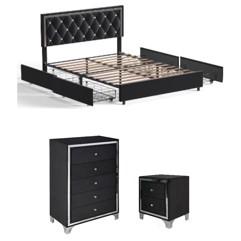 Home Square 3-Piece Set with Platform Full Bed & Chest & Nightstand in Black