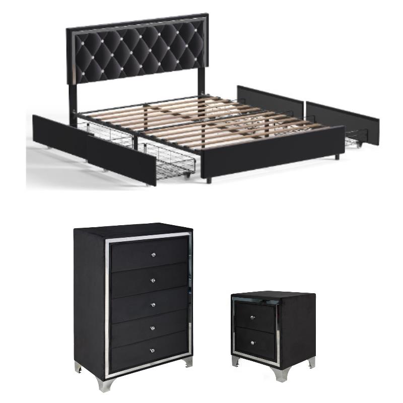 Home Square 3-Piece Set with Platform Queen Bed & Chest & Nightstand in Black