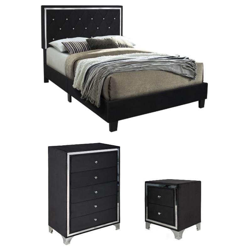 Home Square 3-Piece Set with Queen Platform Bed & Chest & Nightstand in Black