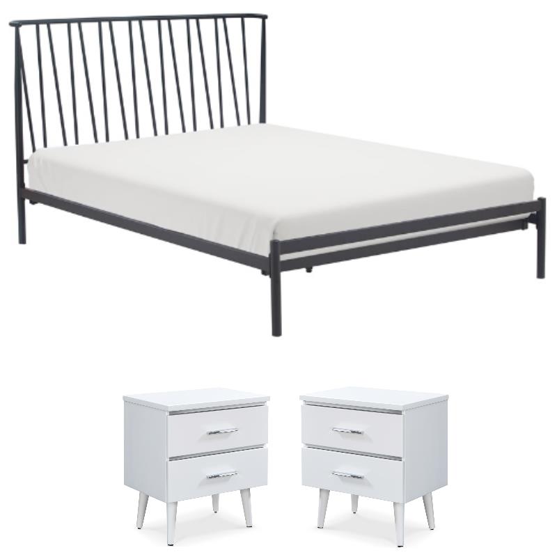 Home Square 3-Piece Set with 2 Side Tables and Metal Queen Bed in White & Black
