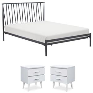 Home Square 3-Piece Set with 2 Side Tables and Metal Queen Bed in White & Black