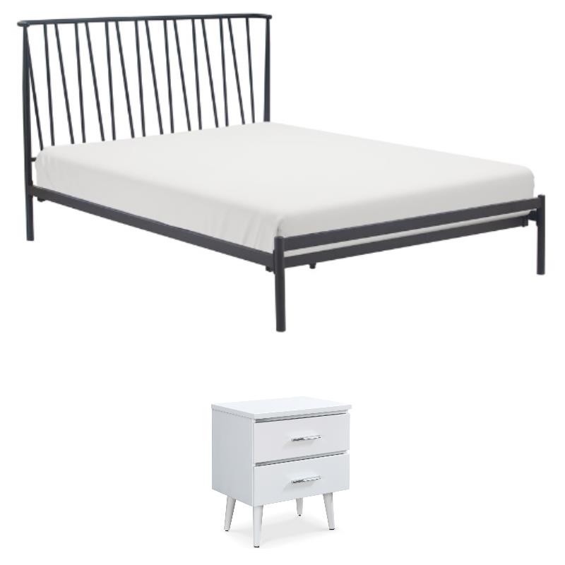 Home Square 2-Piece Set with Side Table and Metal Queen Bed in White & Black