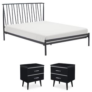 Home Square 3-Piece Set with 2 Side Tables and Metal Queen Bed in Black