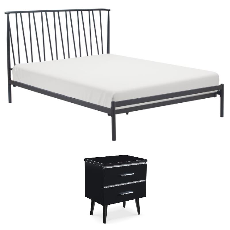 Home Square 2-Piece Set with Side Table and Metal Queen Bed in Black