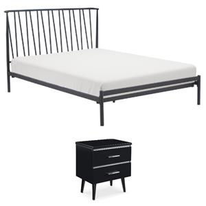 Home Square 2-Piece Set with Side Table and Metal Queen Bed in Black