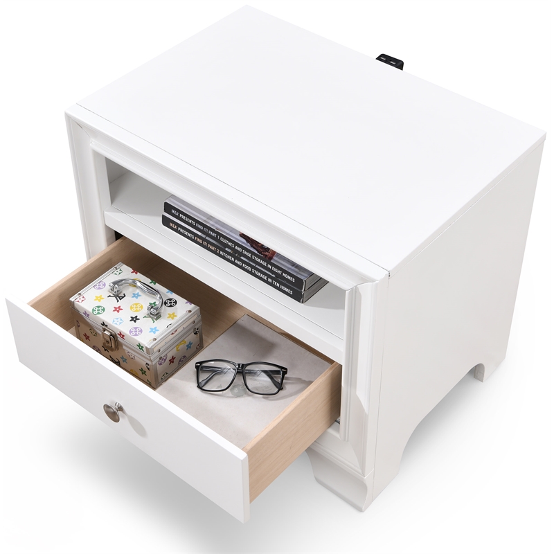 Home Square 1 Drawer Nightstand with USB in White Finish - Set of 2