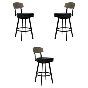 Home Square 30&quot Modern Faux Leather Barstool in Black & Gray Walnut - Set of 3