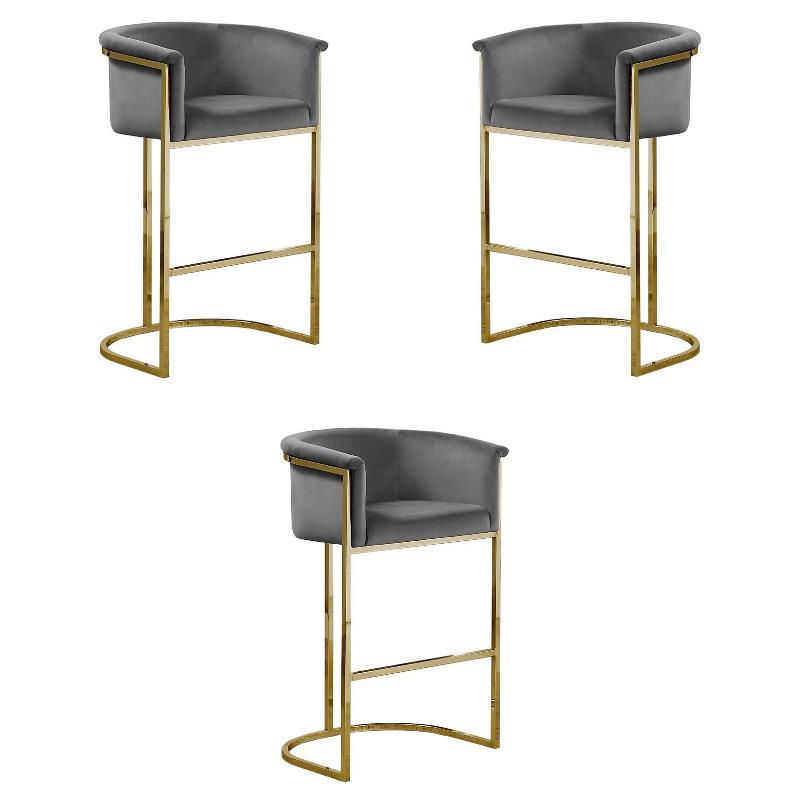 Home Square Velvet and Metal Barstool in Dark Gray & Gold - Set of 3
