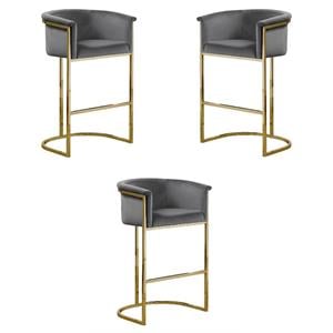 Home Square Velvet and Metal Barstool in Dark Gray & Gold - Set of 3