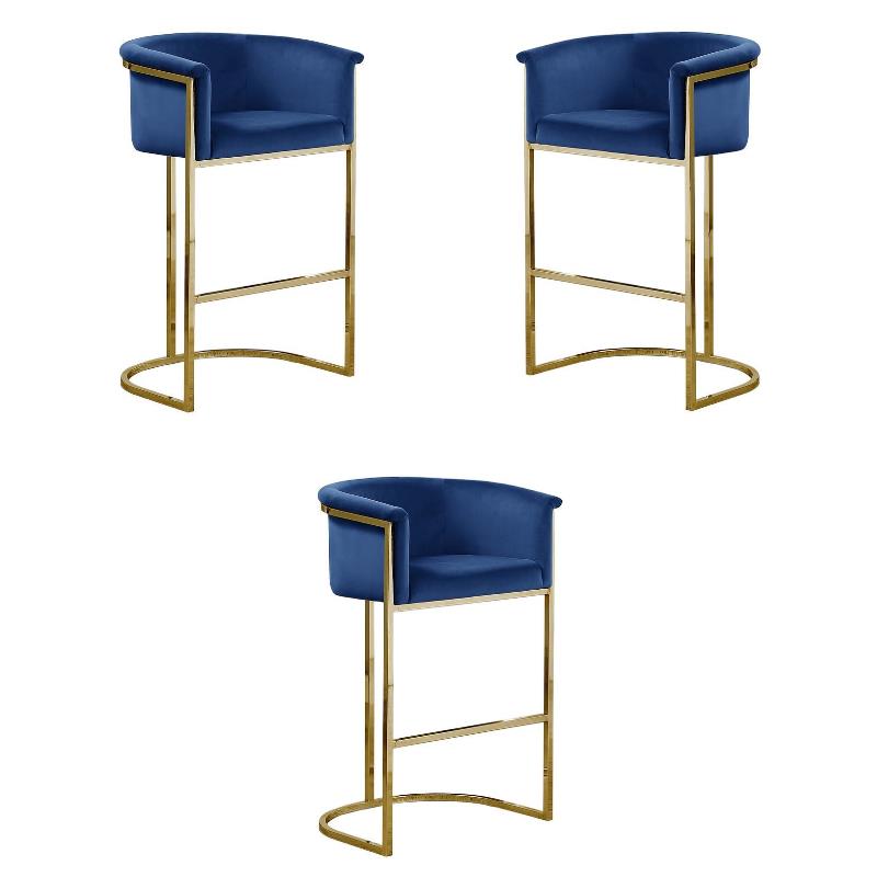 Home Square Velvet Barstool with Chrome Base in Navy Blue - Set of 3