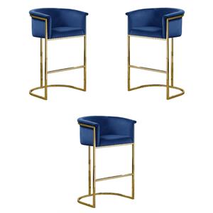 Home Square Velvet Barstool with Chrome Base in Navy Blue - Set of 3