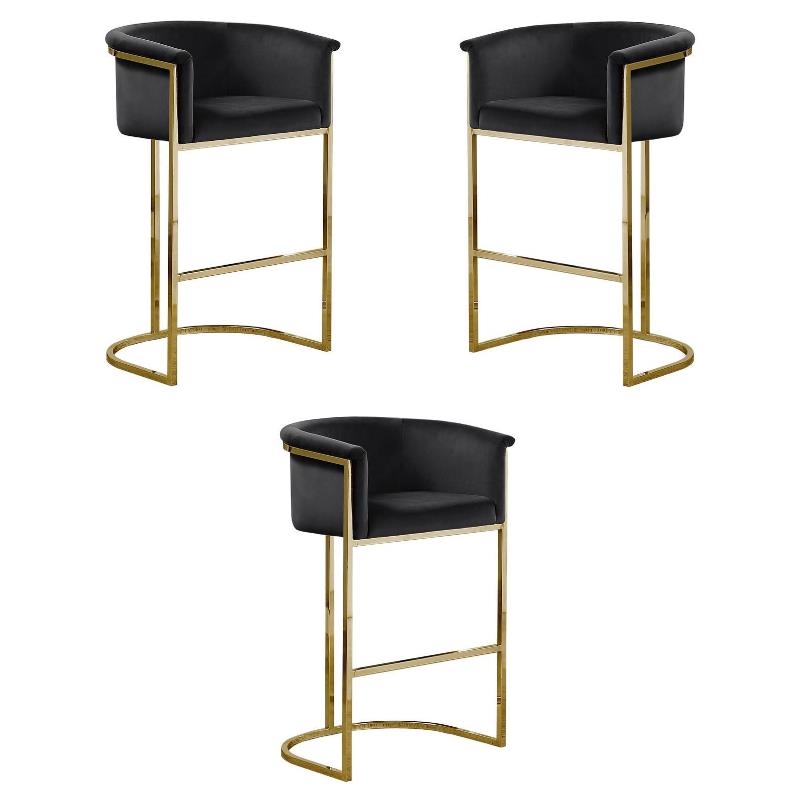Home Square Velvet and Metal Barstool with Chrome Base in Black - Set of 3