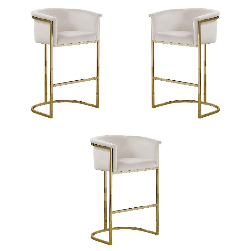Home Square Velvet Barstool with Chrome Base in Cream - Set of 3