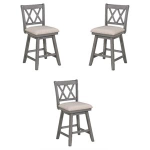 Home Square 24&quot Wood Frame Swivel Barstool in Distressed Gray & Beige - Set of 3