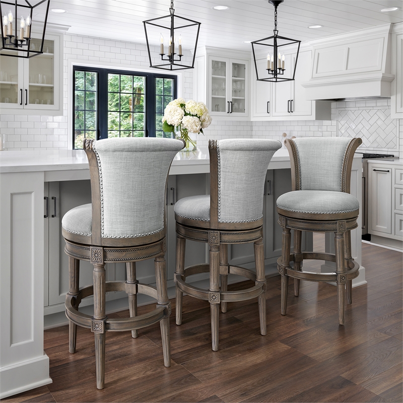 Home Square Wood Swivel Barstool with High Back in Weathered Gray - Set of 3