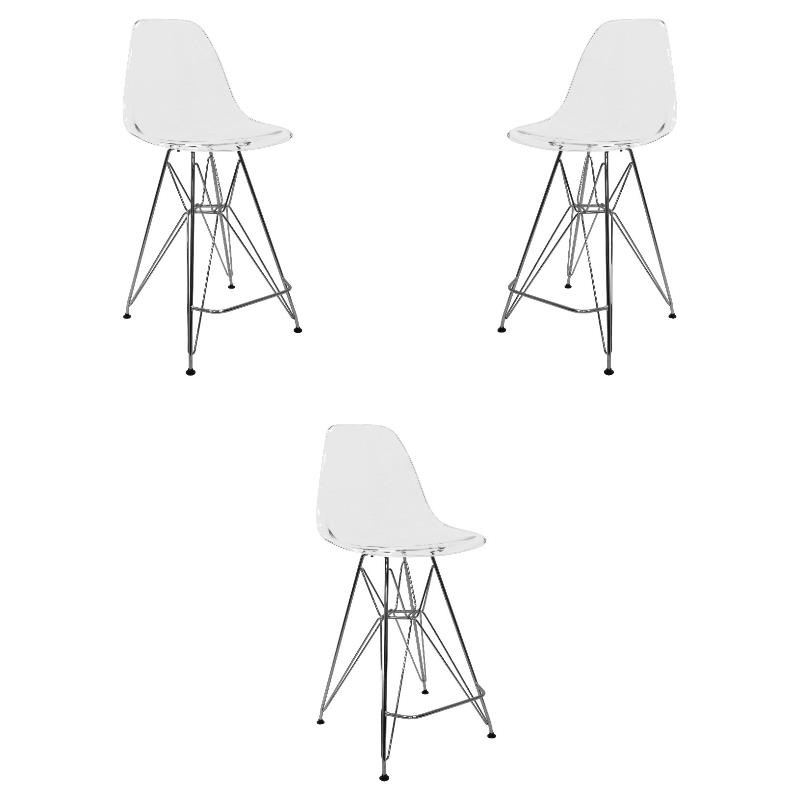 Home Square Plastic Barstool with Chrome Base in Clear - Set of 3