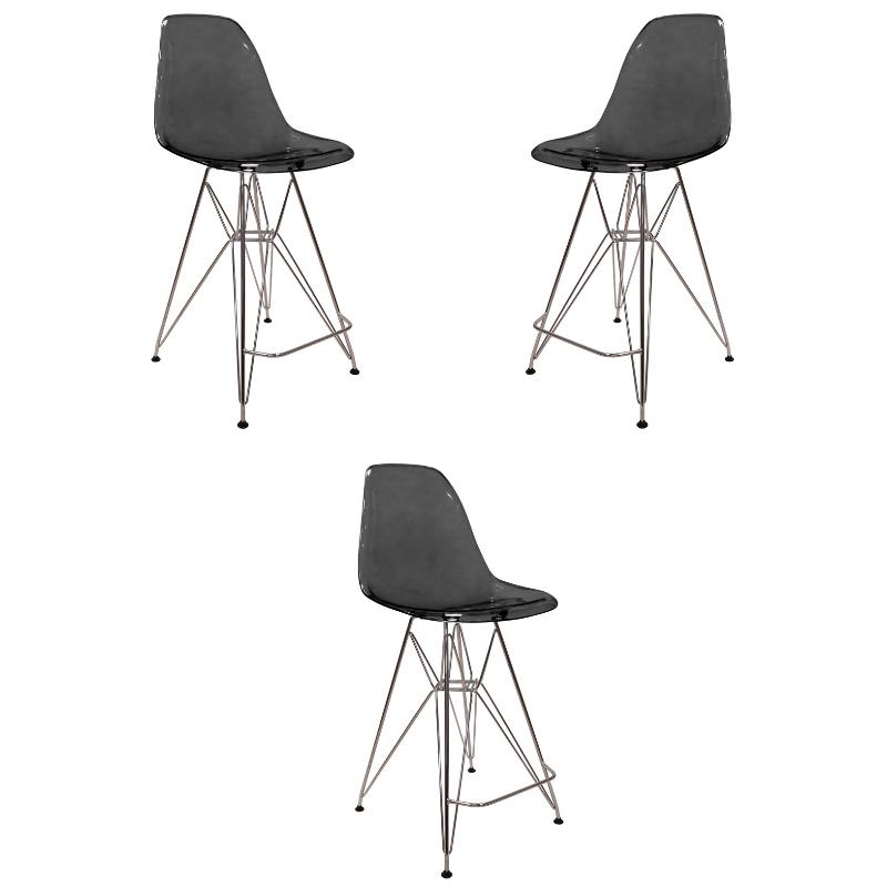 Home Square Plastic Barstool with Chrome Base in Transparent Black - Set of 3