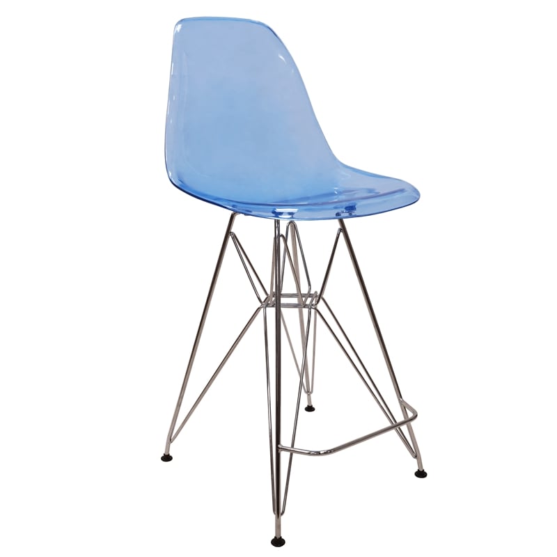 Home Square Plastic Barstool with Chrome Base in Transparent Blue - Set of 3