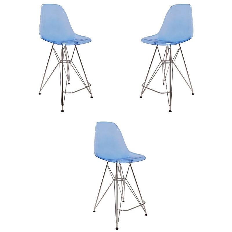 Home Square Plastic Barstool with Chrome Base in Transparent Blue - Set of 3