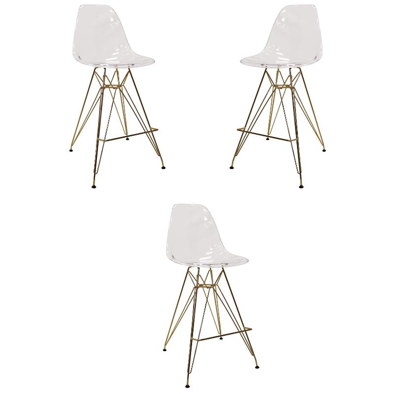 Home Square Plastic Barstool with Chrome Base in Clear and Gold - Set of 3