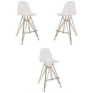 Home Square Plastic Barstool with Chrome Base in Clear and Gold - Set of 3
