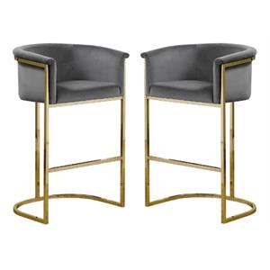 Home Square Velvet and Metal Barstool in Dark Gray & Gold - Set of 2