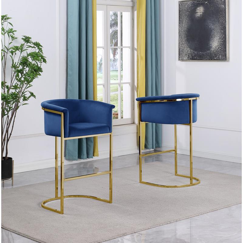 Home Square Velvet Barstool with Chrome Base in Navy Blue - Set of 2
