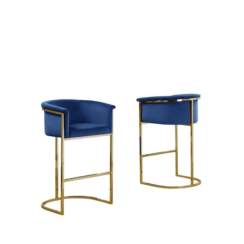 Home Square Velvet Barstool with Chrome Base in Navy Blue - Set of 2