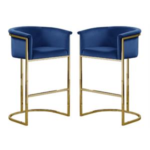 Home Square Velvet Barstool with Chrome Base in Navy Blue - Set of 2