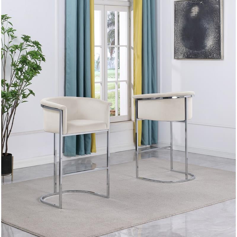 Home Square Velvet and Metal Barstool in Cream & Silver - Set of 2