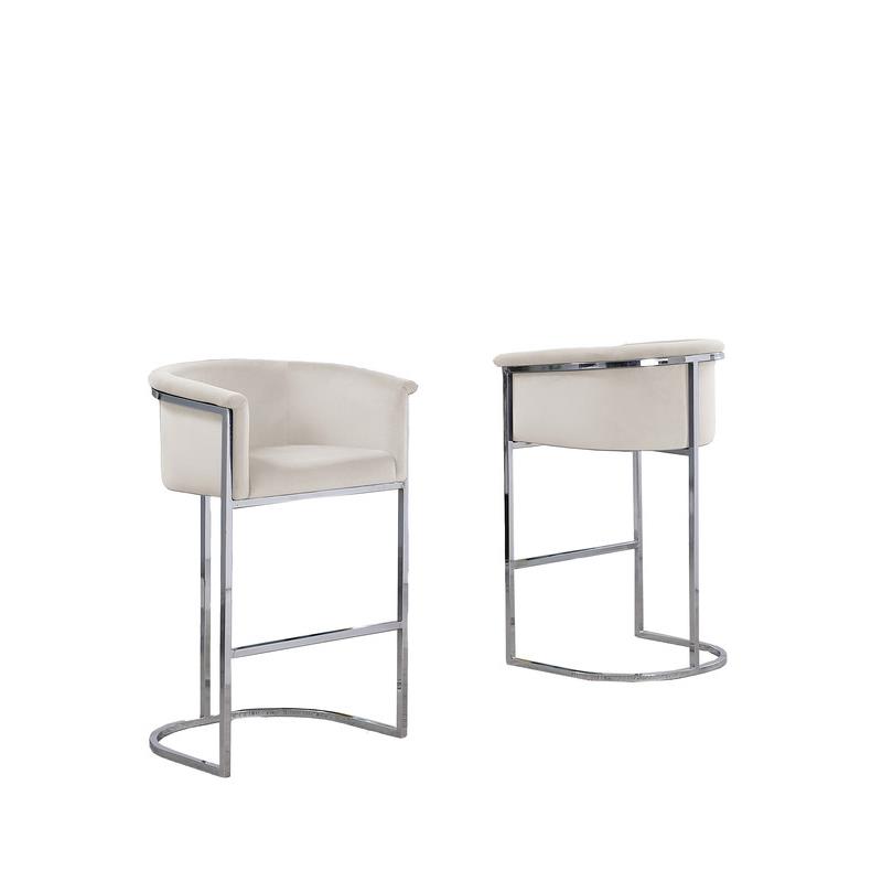 Home Square Velvet and Metal Barstool in Cream & Silver - Set of 2