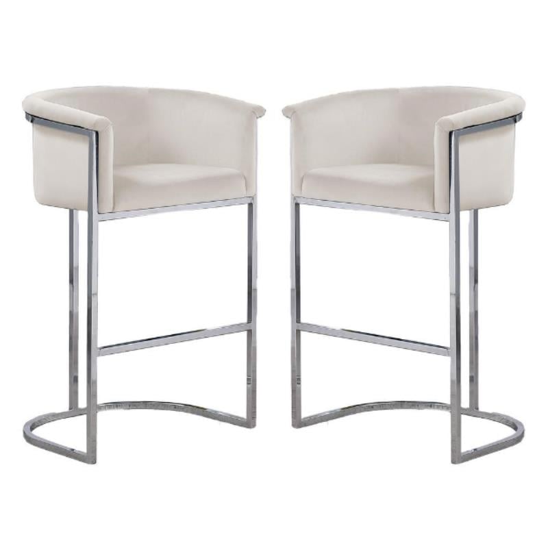 Home Square Velvet and Metal Barstool in Cream & Silver - Set of 2