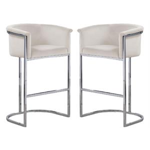 Home Square Velvet and Metal Barstool in Cream & Silver - Set of 2