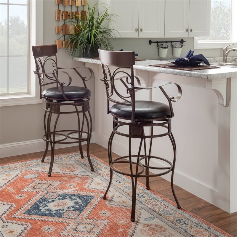 Home Square Round Padded Seat Metal Swivel Barstool in Bronze - Set of 2
