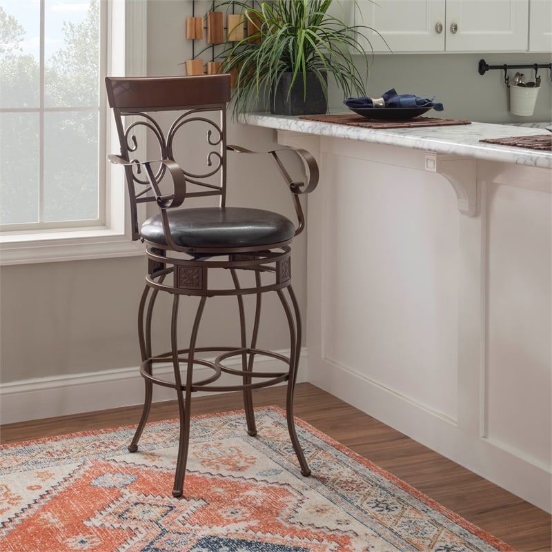 Home Square Round Padded Seat Metal Swivel Barstool in Bronze - Set of 2