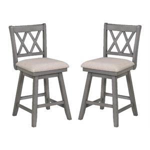 Home Square 24&quot Wood Frame Swivel Barstool in Distressed Gray & Beige - Set of 2
