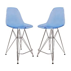 Home Square Plastic Barstool with Chrome Base in Transparent Blue - Set of 2