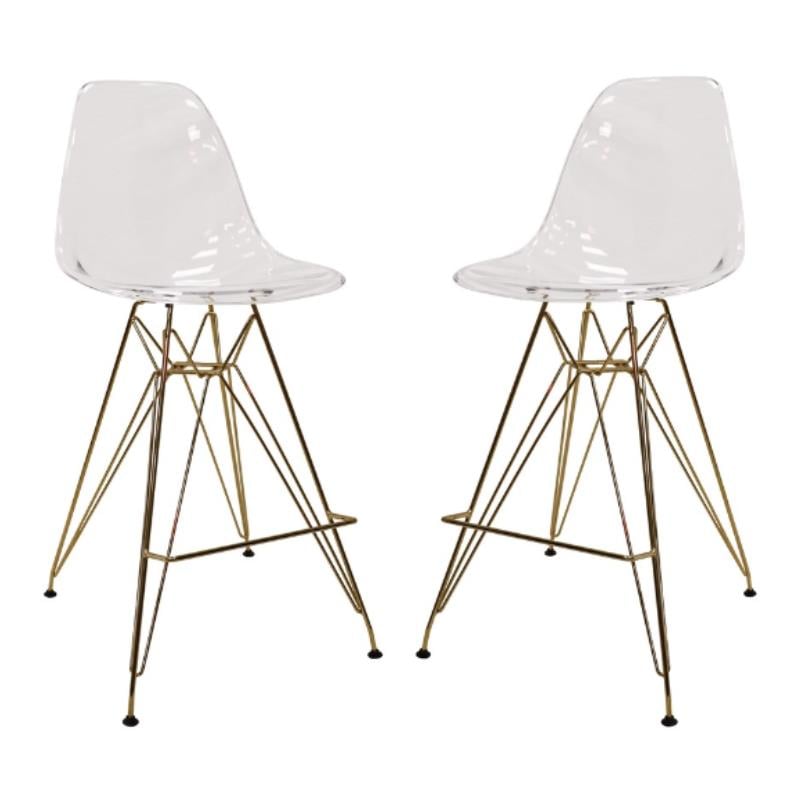 Home Square Plastic Barstool with Chrome Base in Clear and Gold - Set of 2