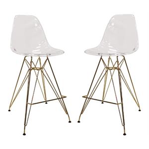 Home Square Plastic Barstool with Chrome Base in Clear and Gold - Set of 2