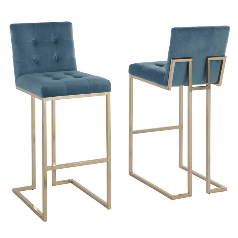 Home Square Velvet and Chrome Legs Barstool in Teal Blue & Gold - Set of 4