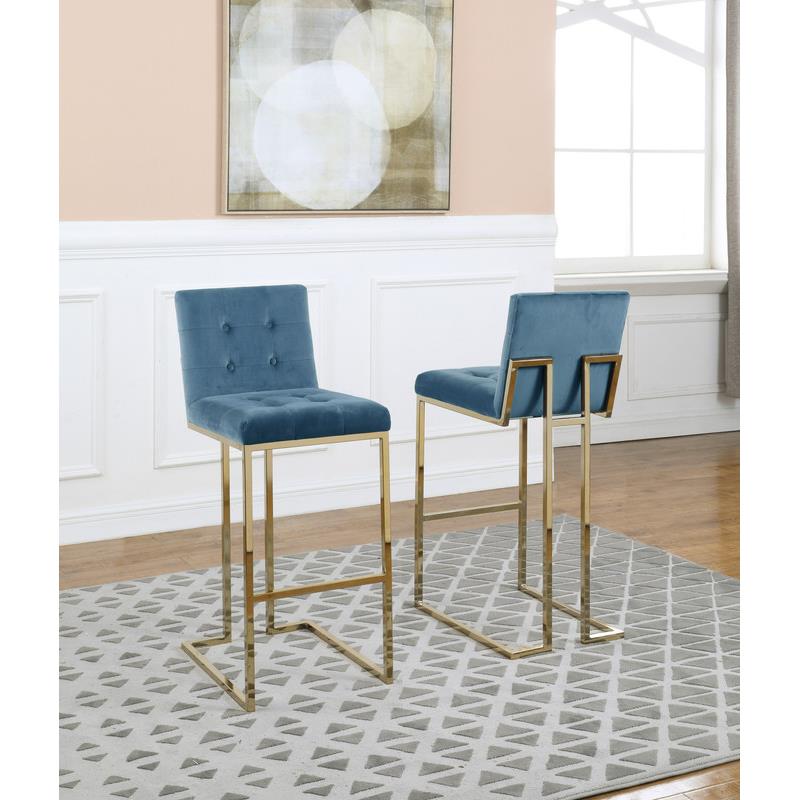 Home Square Velvet and Chrome Legs Barstool in Teal Blue & Gold - Set of 4