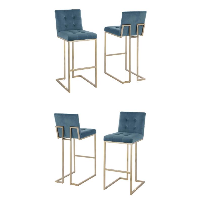Home Square Velvet and Chrome Legs Barstool in Teal Blue & Gold - Set of 4