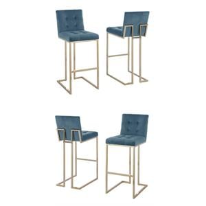 Home Square Velvet and Chrome Legs Barstool in Teal Blue & Gold - Set of 4