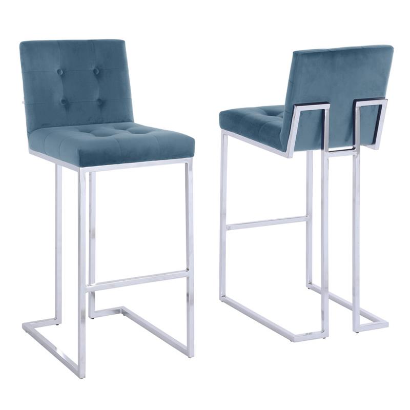 Home Square Velvet Barstool with Tufted Seat in Teal Blue - Set of 4