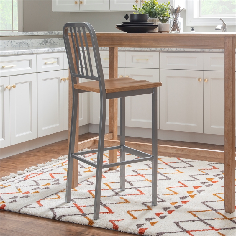 Home Square Wood Seat and Steel Frame Barstool in Silver - Set of 4