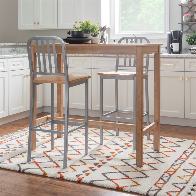 Home Square Wood Seat and Steel Frame Barstool in Silver - Set of 4