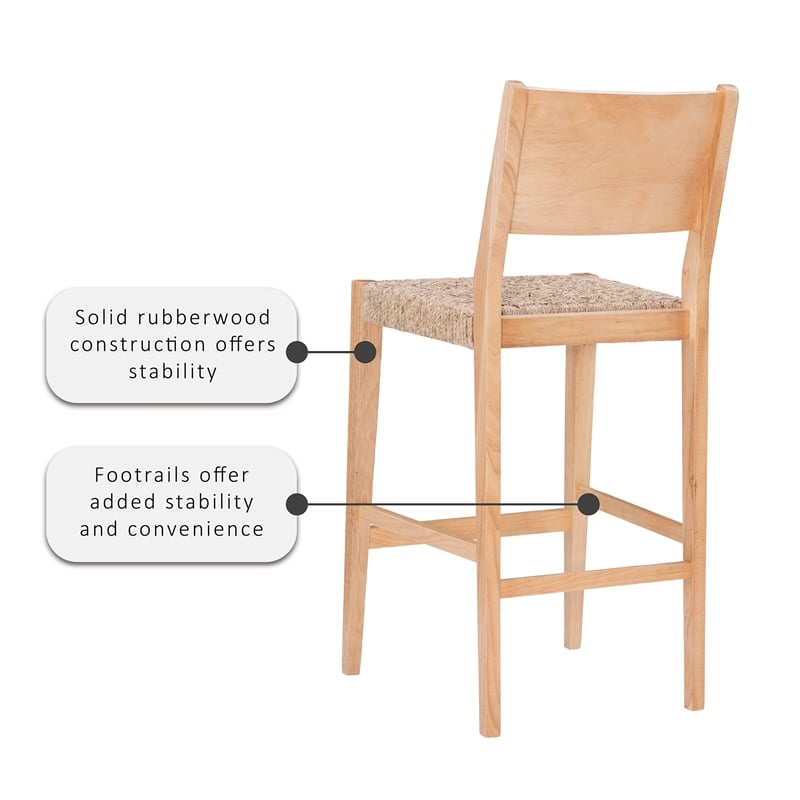 Home Square Rubberwood Barstool with Rope Seat in Natural Brown - Set of 4