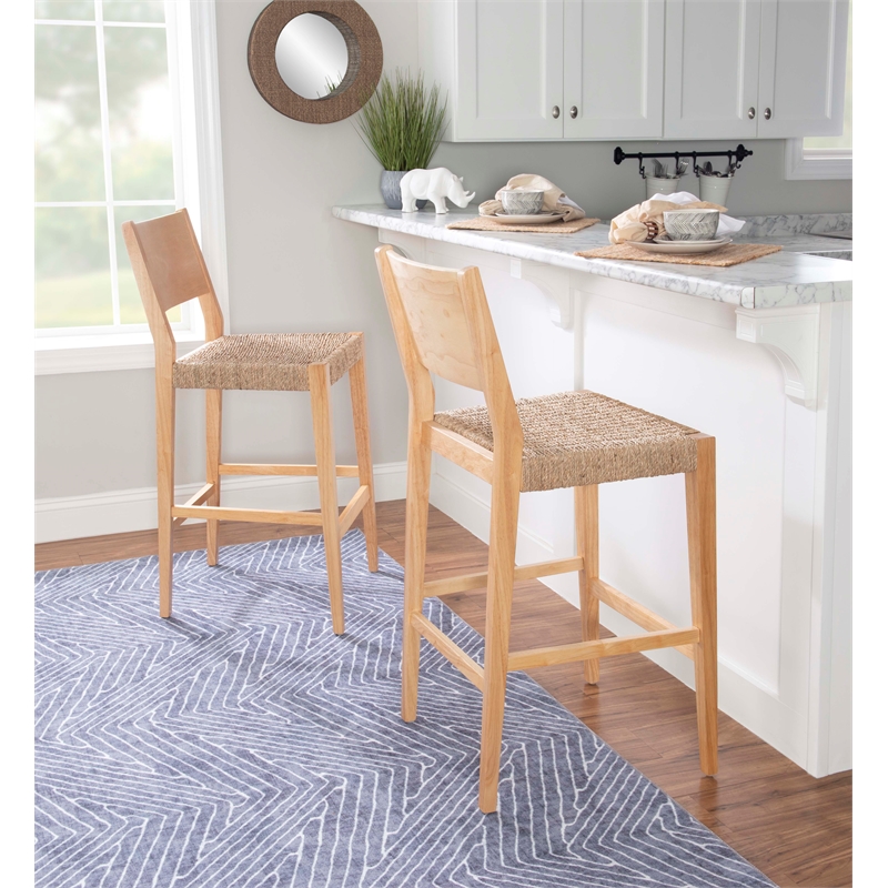 Home Square Rubberwood Barstool with Rope Seat in Natural Brown - Set of 4