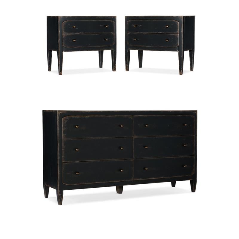 Home Square Set of 3 Wood  6 Drawer Dresser & 2 Two-Drawer Nightstands in Black